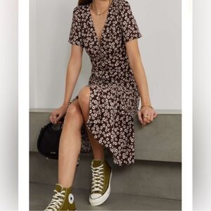 Reformation NWOT Locklin 'Maple' Brown Floral Midi Crepe Dress Short Sleeve 6